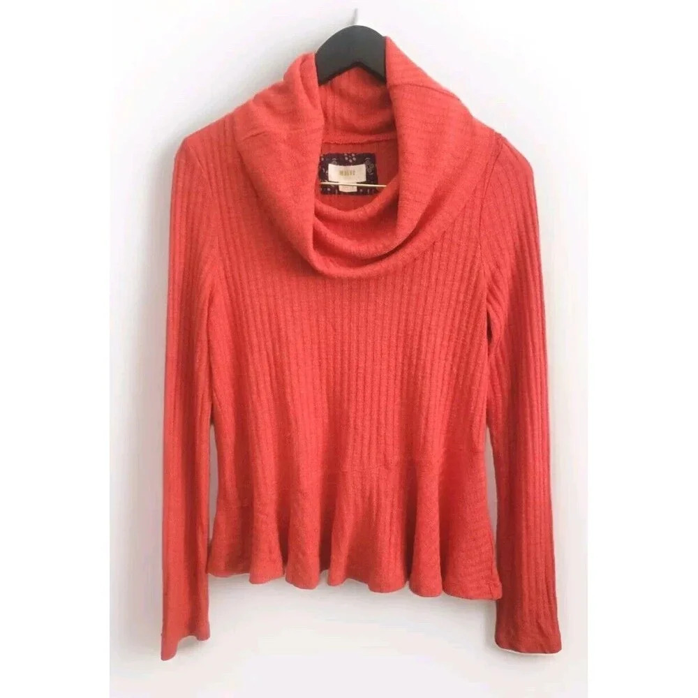Anthropologie Maeve Sweater Women's Medium Orange Winterscape Peplum Cowl Neck